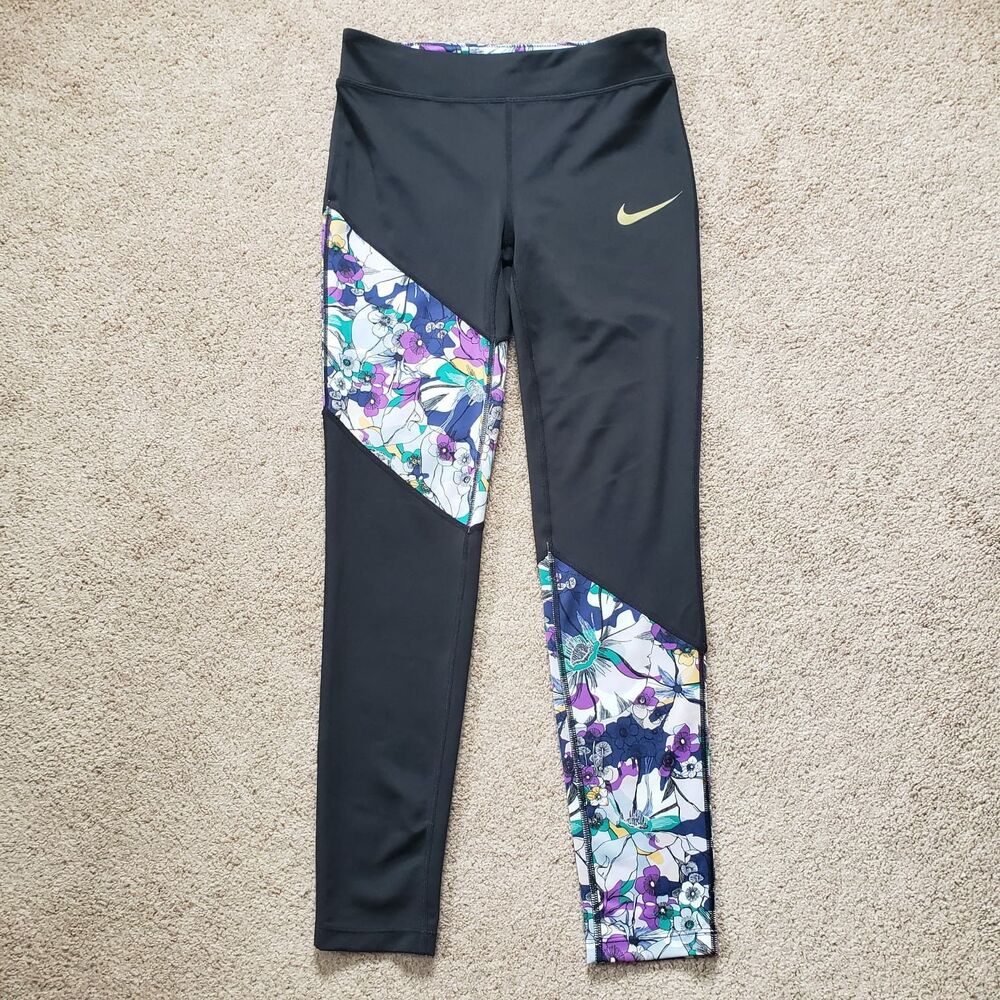 Nike Girls' Dri-FIT One Tight Fit Leggings Colorblock Black Floral Panels Size L